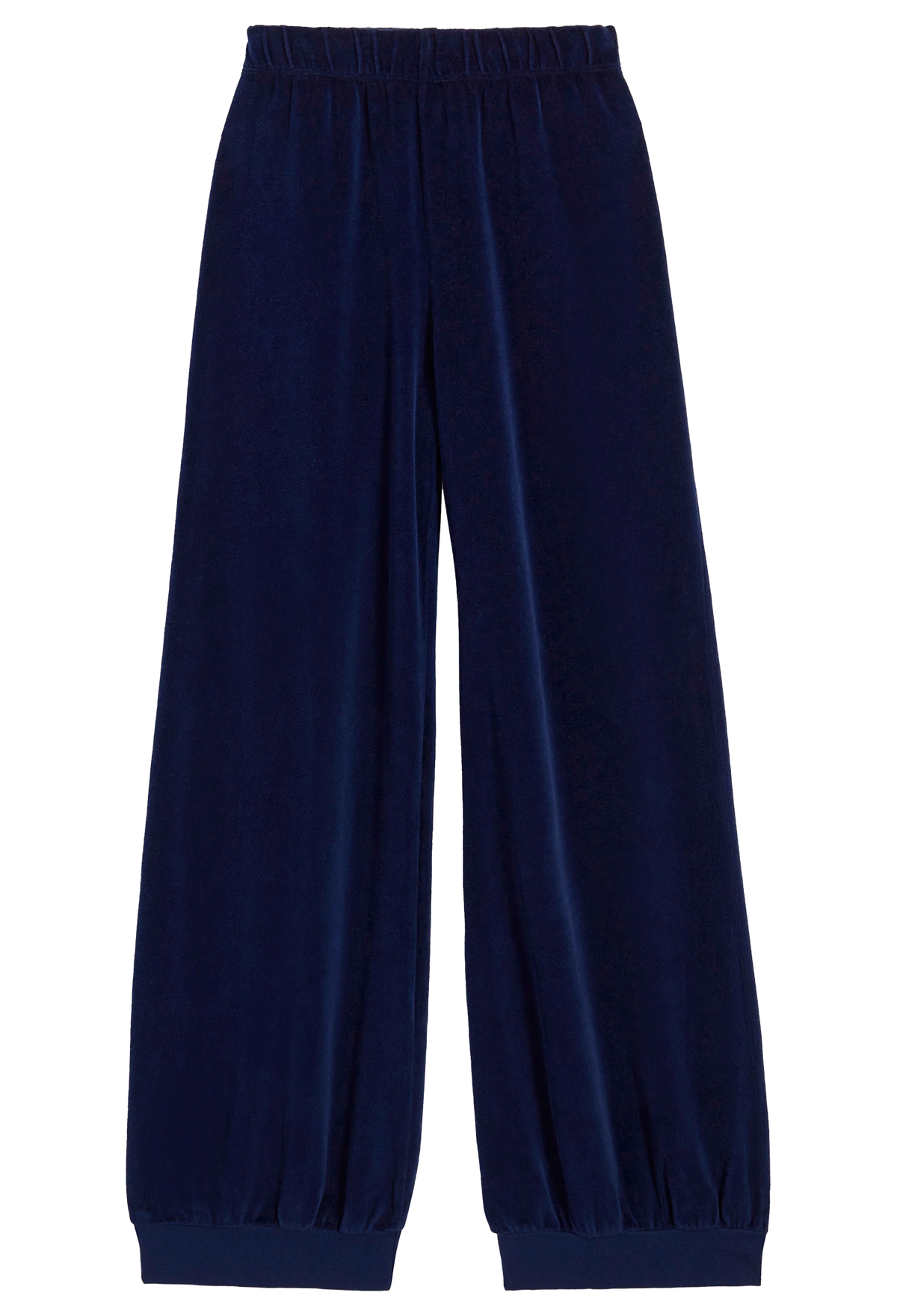 A pair of navy blue velvet jogger pants with an elastic waistband and elastic cuffs, shown flat on a white background.