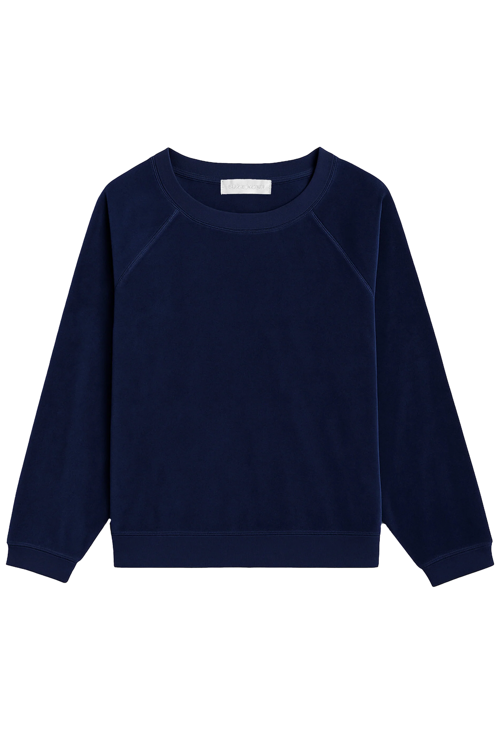 A navy blue long-sleeve crewneck sweatshirt with raglan sleeves, displayed flat against a solid white background.