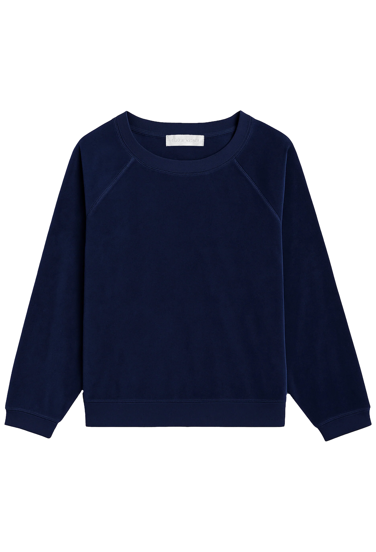A navy blue long-sleeve crewneck sweatshirt with raglan sleeves, displayed flat against a solid white background.