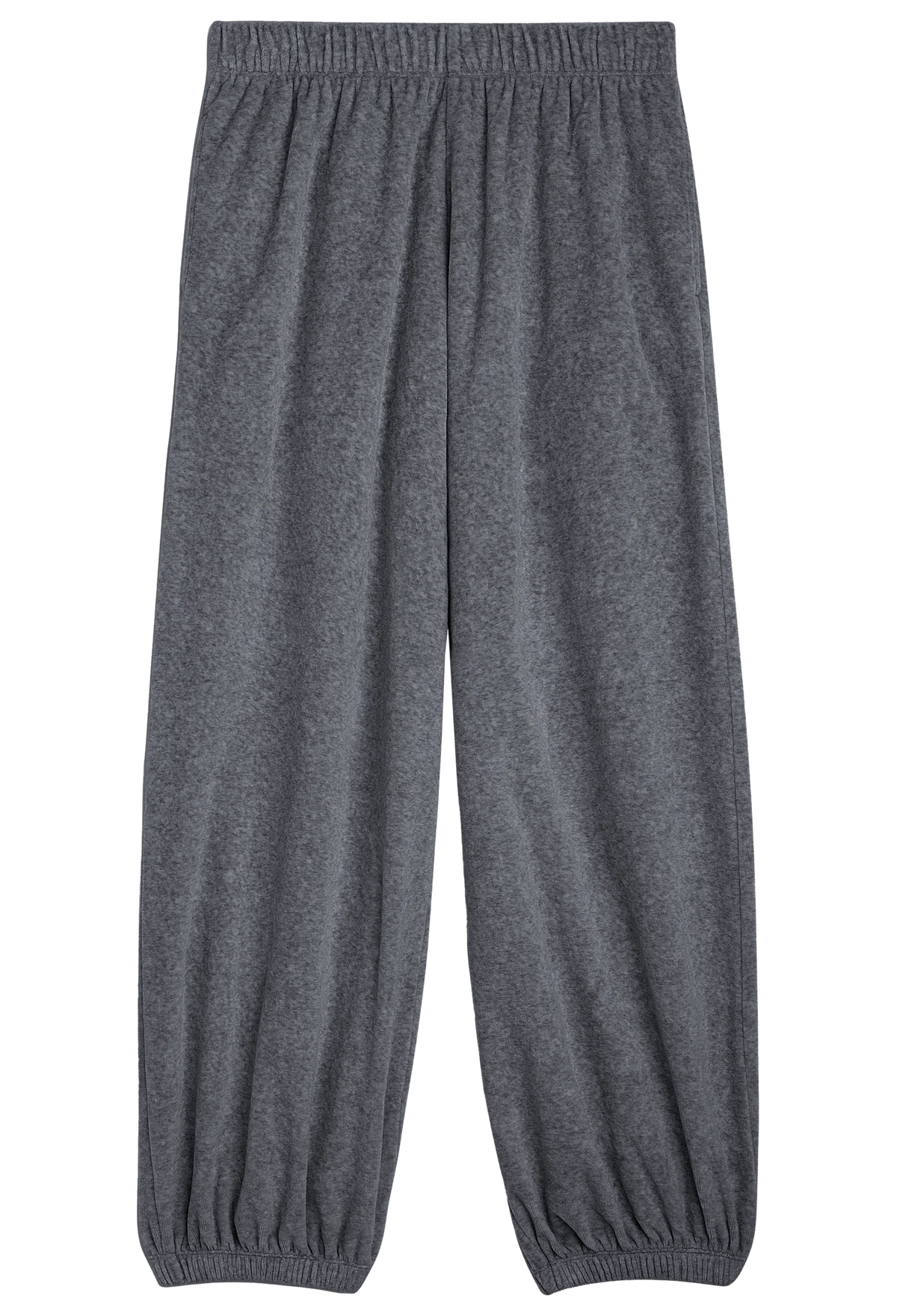 A pair of dark gray heathered lounge pants with an elastic waistband and elasticized ankle cuffs, shown flat against a white background.