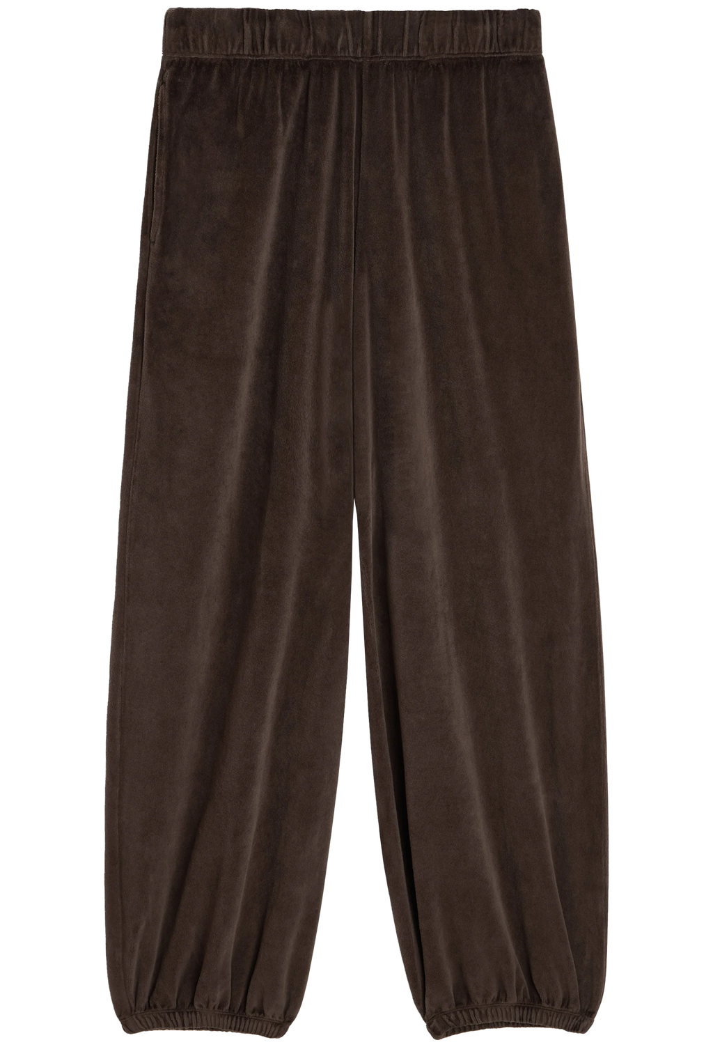 Dark brown velvet jogger pants with an elastic waistband and elastic cuffs, shown flat on a white background.