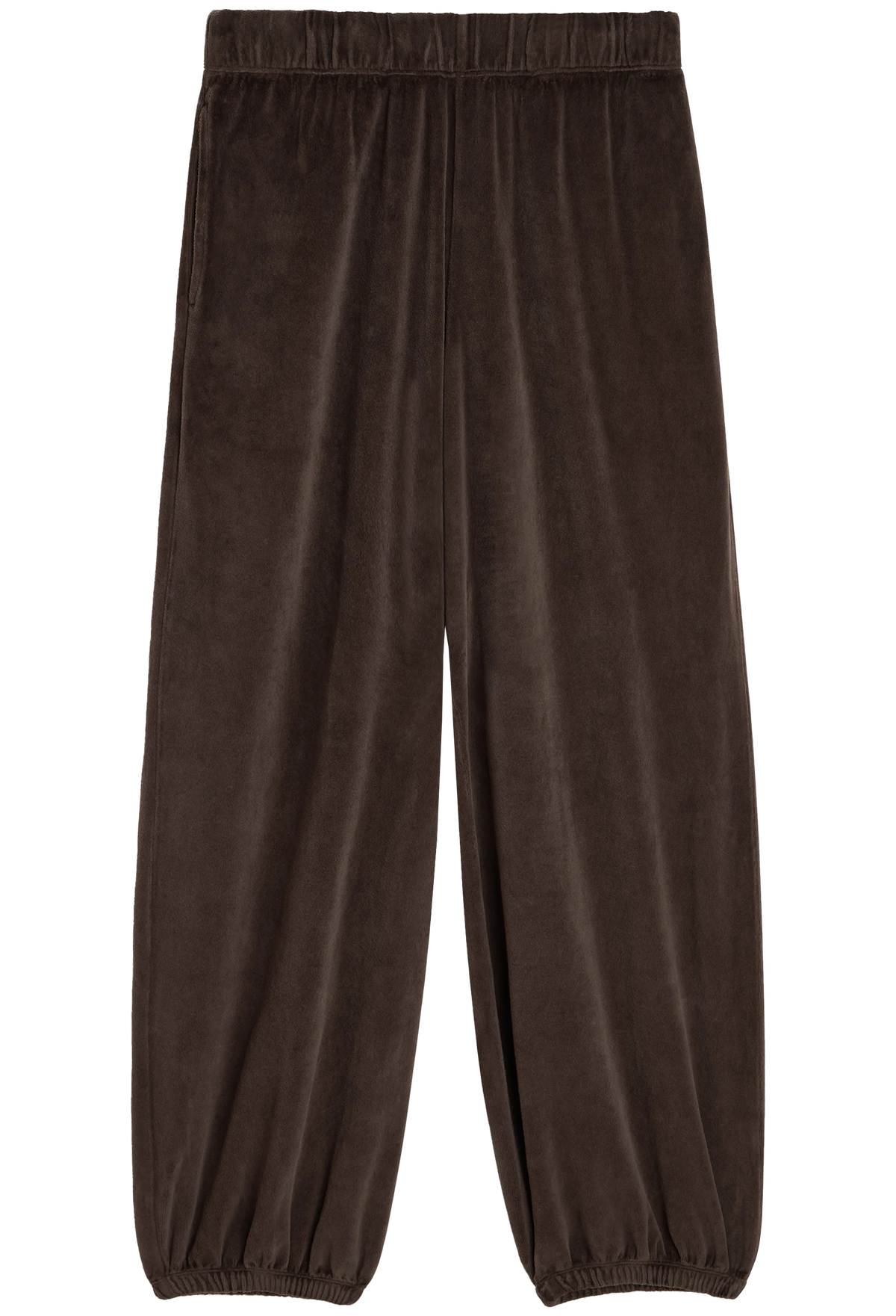 Dark brown velvet jogger pants with an elastic waistband and elastic cuffs, shown flat on a white background.
