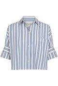 A short-sleeve button-up shirt with vertical blue stripes on a white background, featuring a collar, chest pocket, and rolled-up sleeves, shown against a plain white background.