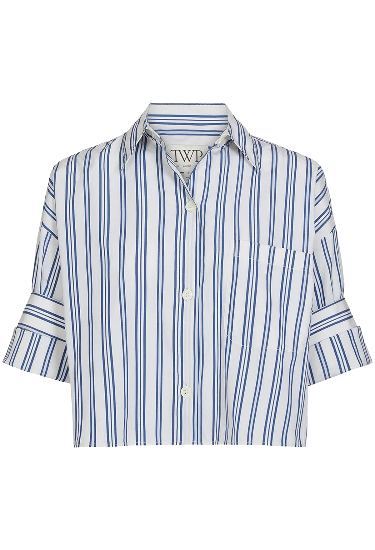 A short-sleeve button-up shirt with vertical blue stripes on a white background, featuring a collar, chest pocket, and rolled-up sleeves, shown against a plain white background.