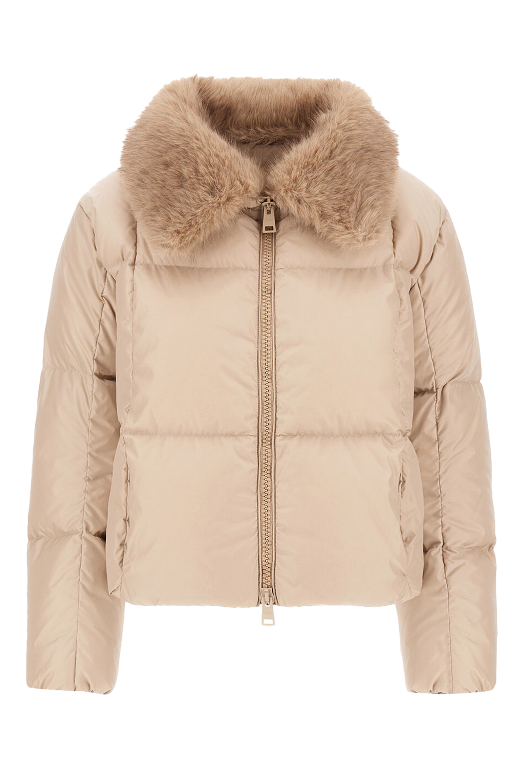 A cropped beige puffer jacket with a plush tan faux-fur collar, featuring a front zipper and horizontal quilted padding, shown against a plain white background.