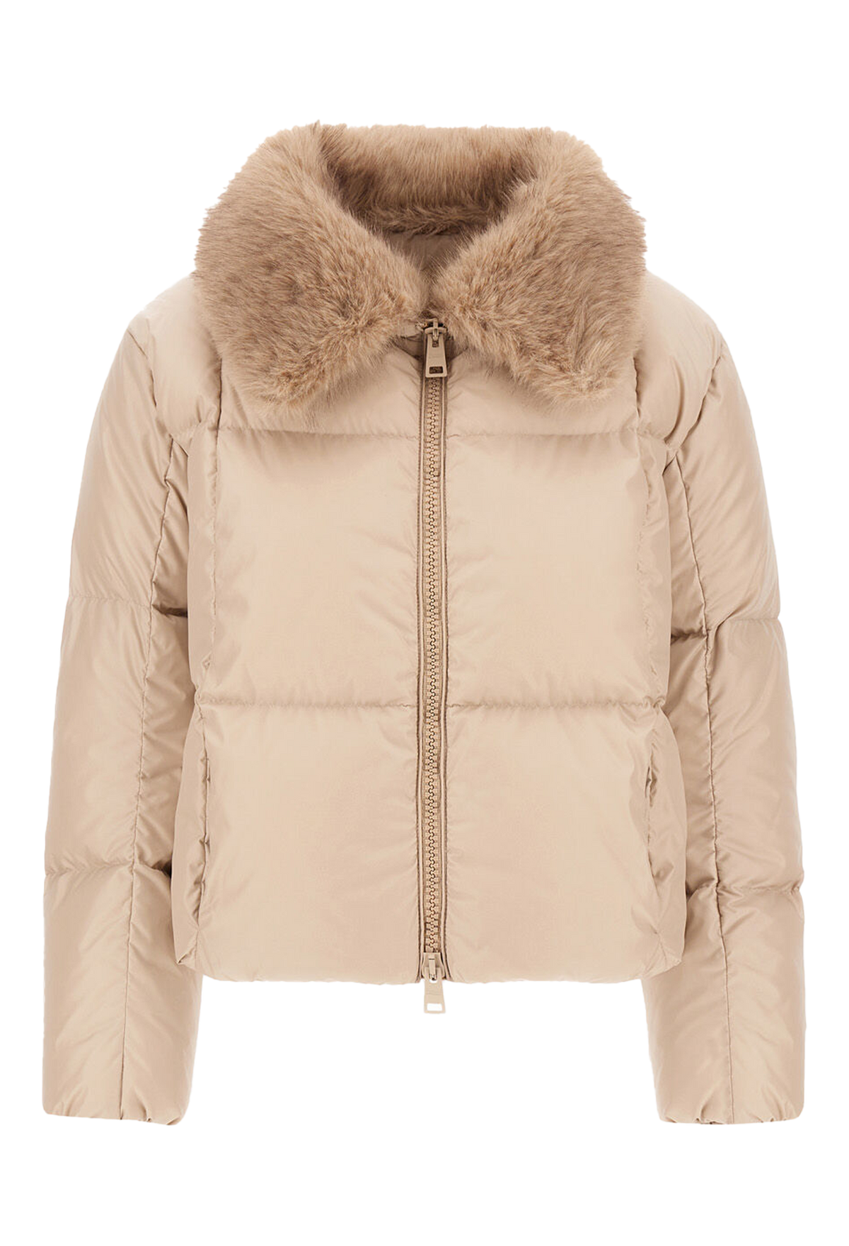 A cropped beige puffer jacket with a plush tan faux-fur collar, featuring a front zipper and horizontal quilted padding, shown against a plain white background.