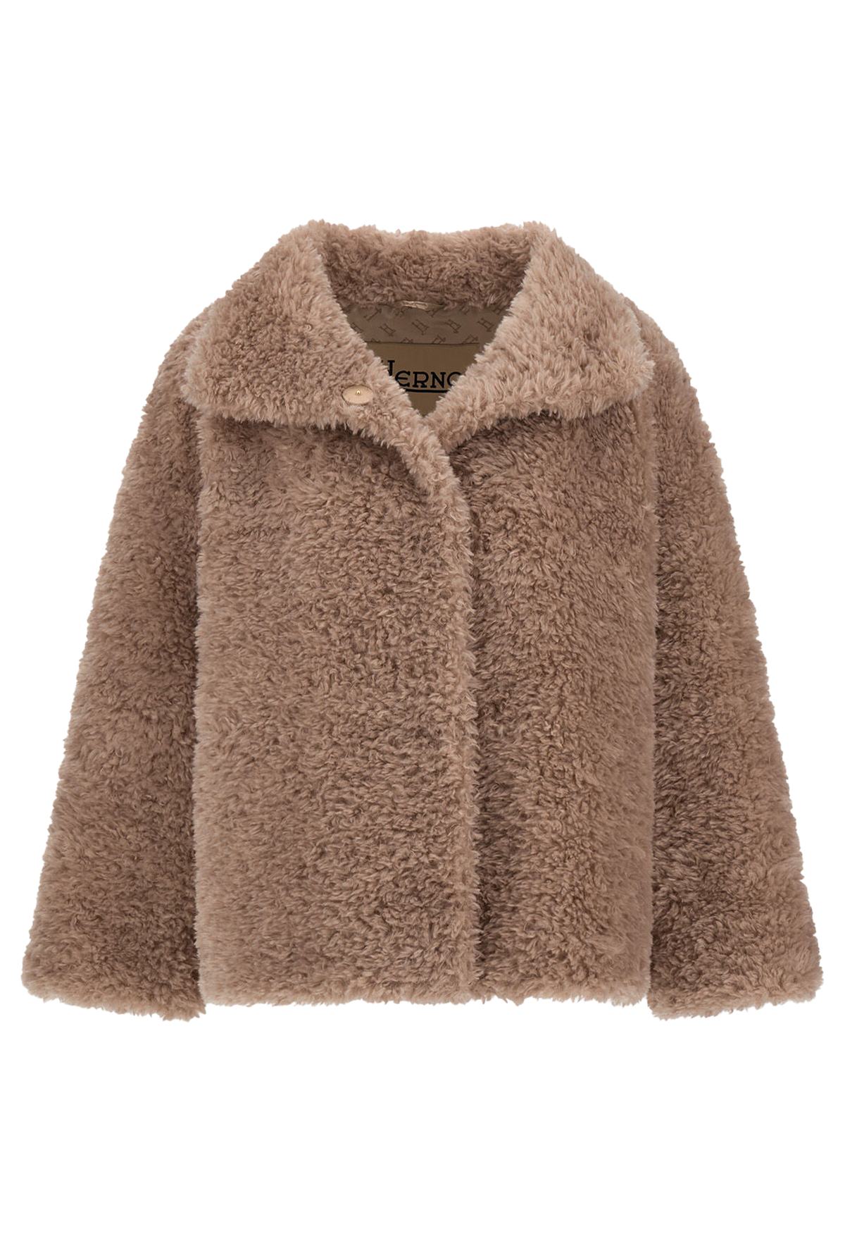 A light brown teddy fleece jacket with a wide collar and a single button closure, shown against a plain white background.
