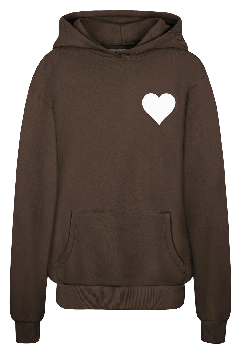 A dark brown pullover hoodie with a white heart printed on the left chest, displayed against a solid white background.