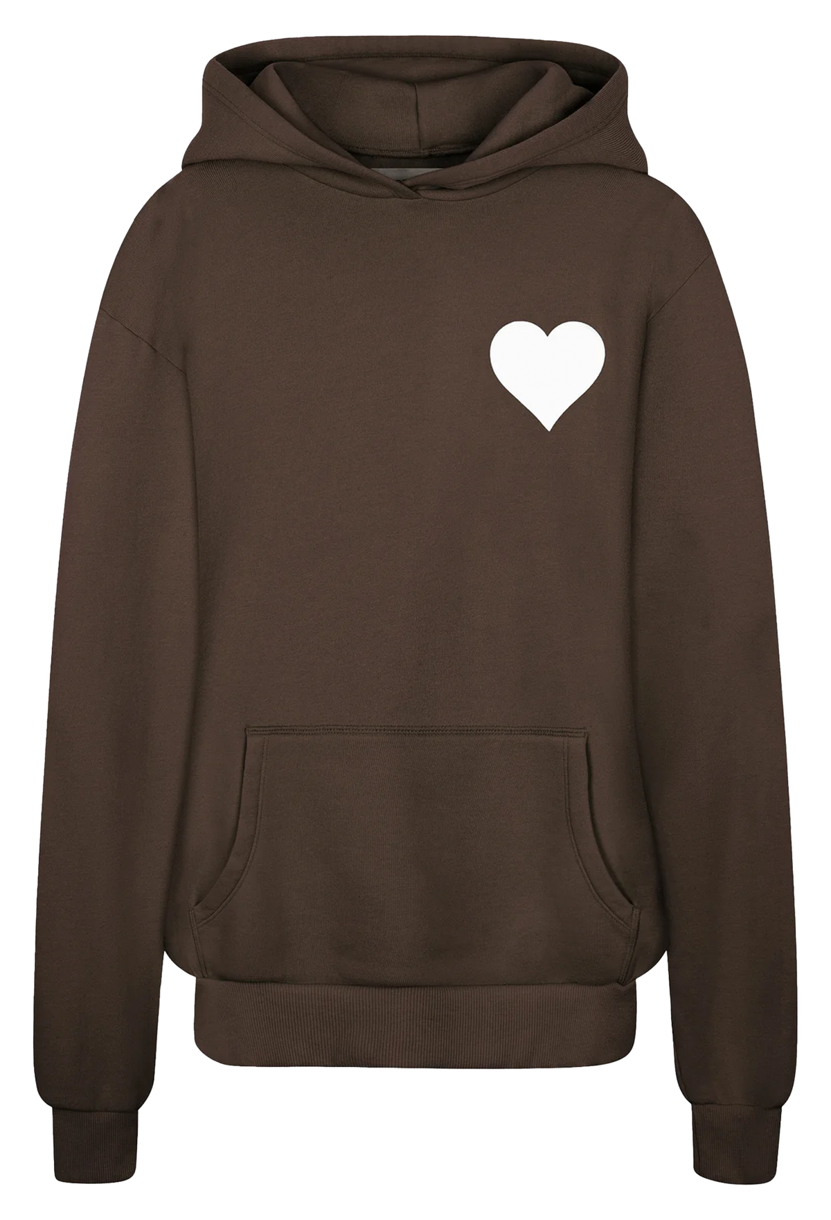 A dark brown pullover hoodie with a white heart printed on the left chest, displayed against a solid white background.