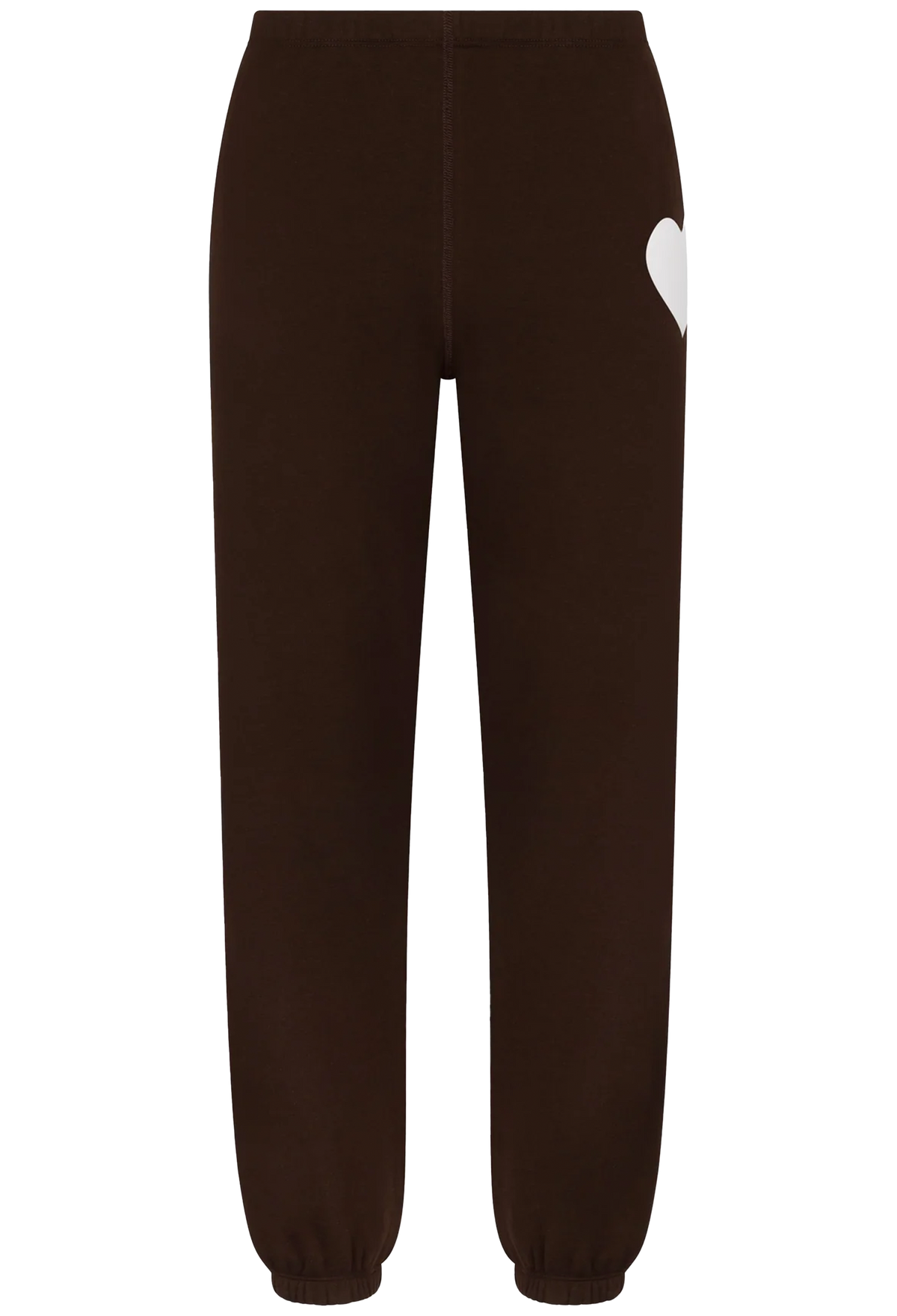Dark brown sweatpants with a white heart graphic on the upper right hip, shown against a plain white background.