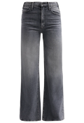 A pair of high-waisted, wide-leg jeans in a washed charcoal gray denim, shown against a plain white background.