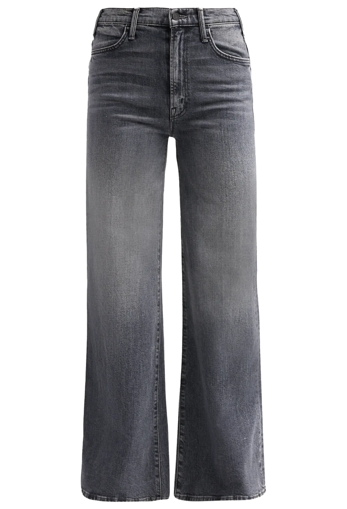 A pair of high-waisted, wide-leg jeans in a washed charcoal gray denim, shown against a plain white background.