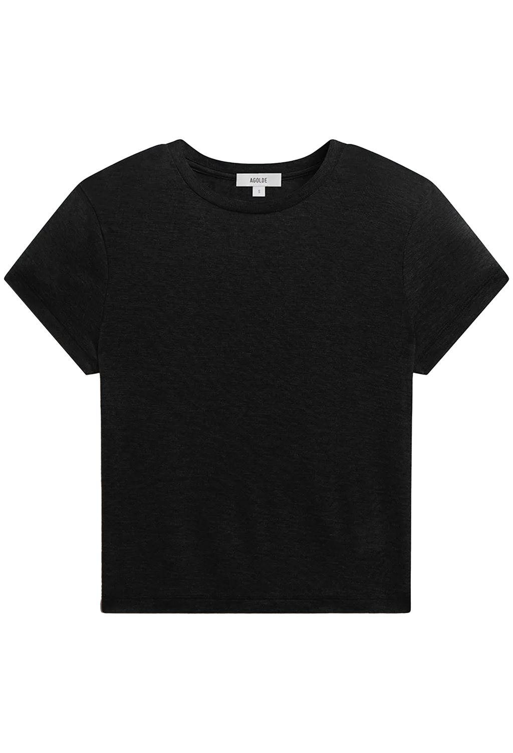 A black short-sleeve crewneck t-shirt shown flat on a white background.