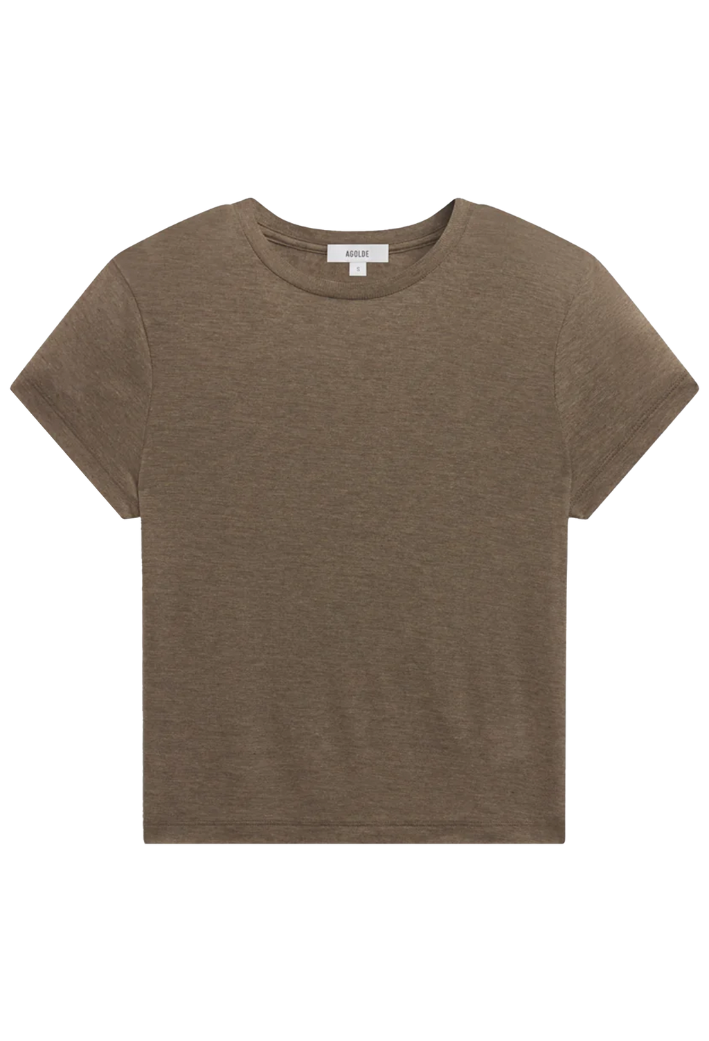 A short-sleeve crewneck t-shirt in a heathered taupe-brown color, shown flat against a solid white background. 