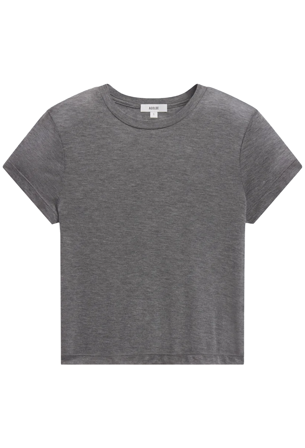 A short-sleeve crewneck t-shirt in heather gray, shown flat against a solid white background. 