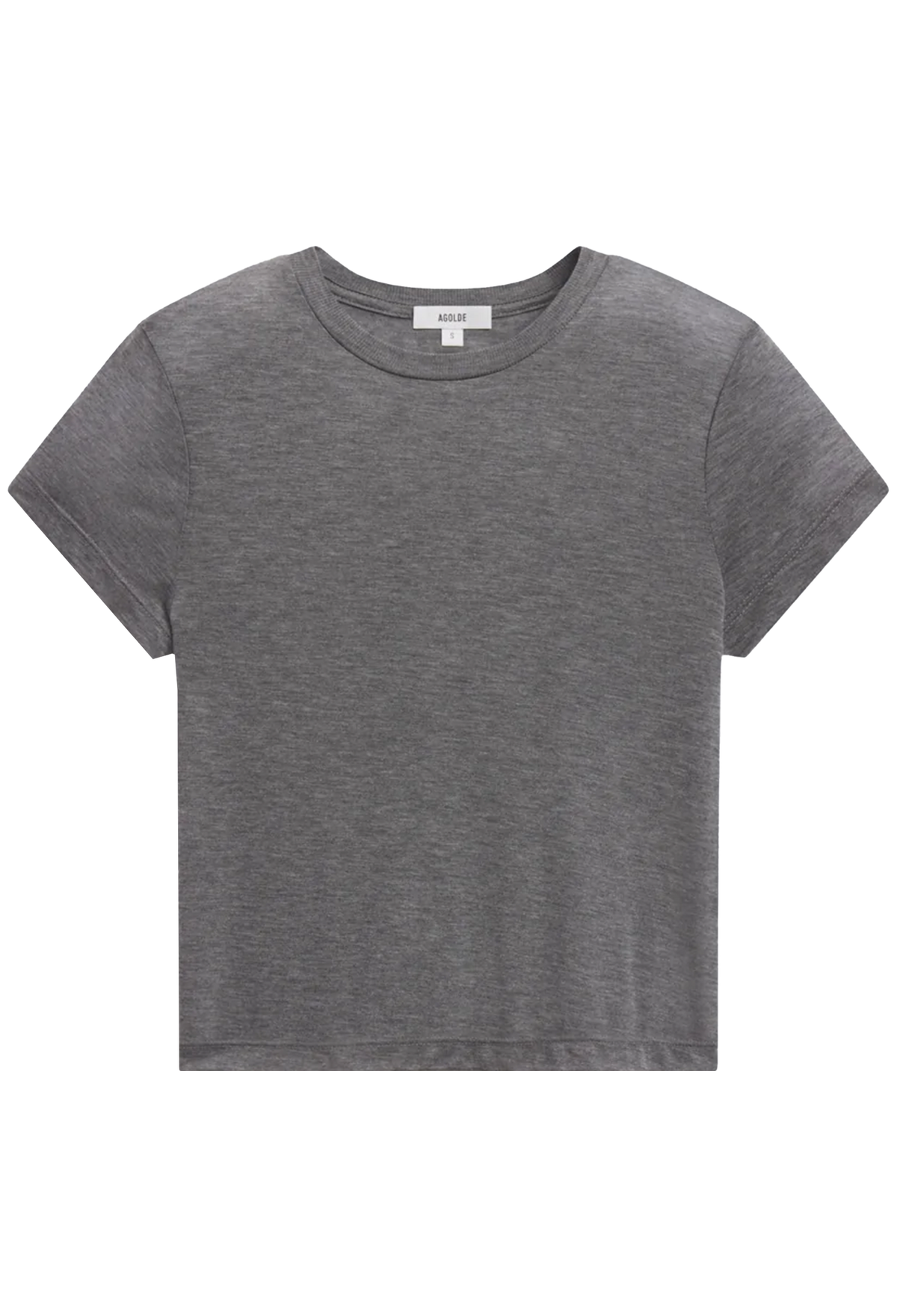 A short-sleeve crewneck t-shirt in heather gray, shown flat against a solid white background. 