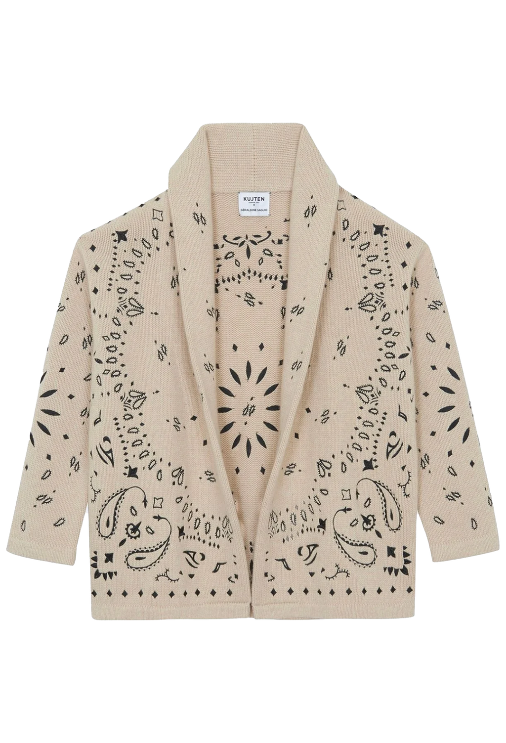 A beige open-front cardigan with a black bandana paisley and floral print, featuring a wide collar and long sleeves, shown flat on a white background.