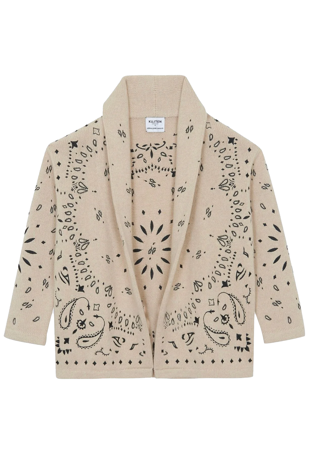 A beige open-front cardigan with a black bandana paisley and floral print, featuring a wide collar and long sleeves, shown flat on a white background.