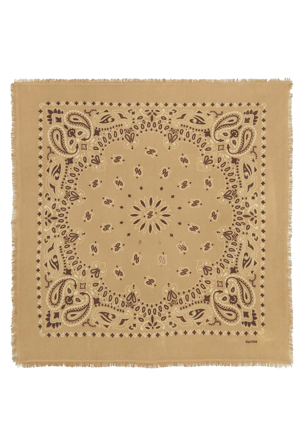 A square tan bandana with a brown paisley and floral border pattern, shown flat against a white background.