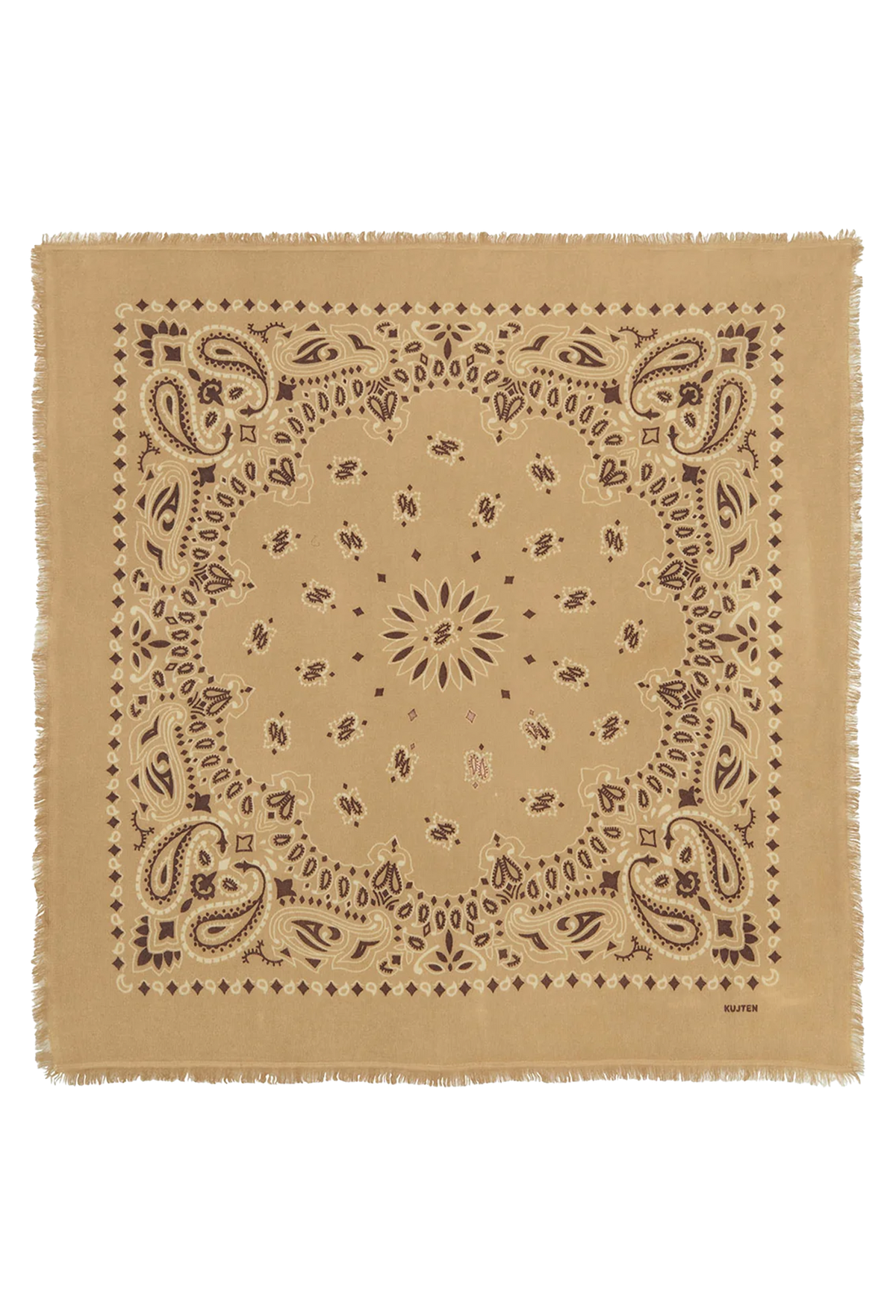 A square tan bandana with a brown paisley and floral border pattern, shown flat against a white background.