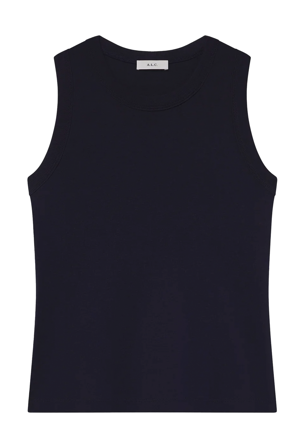 A sleeveless black tank top with a crew neck, laid flat against a solid white background. 