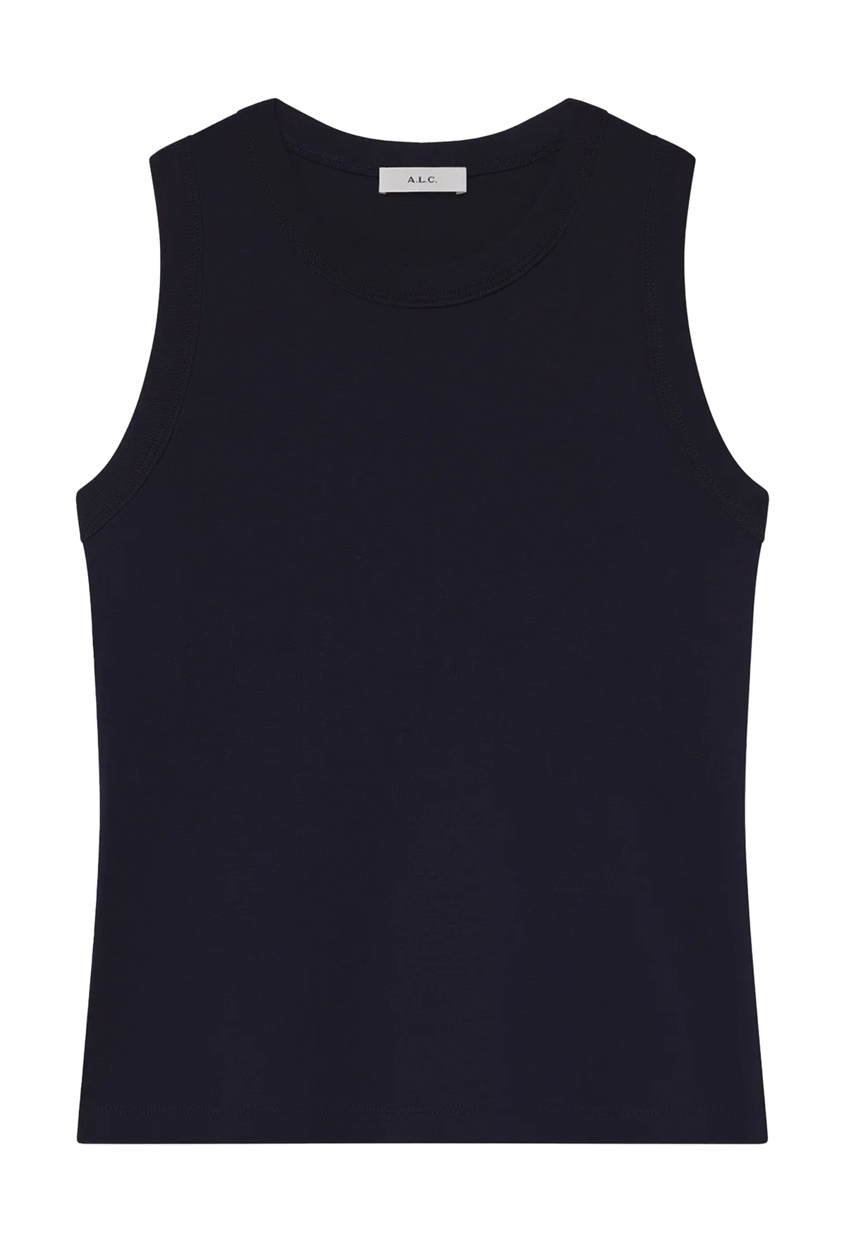 A sleeveless black tank top with a crew neck, laid flat against a solid white background. 