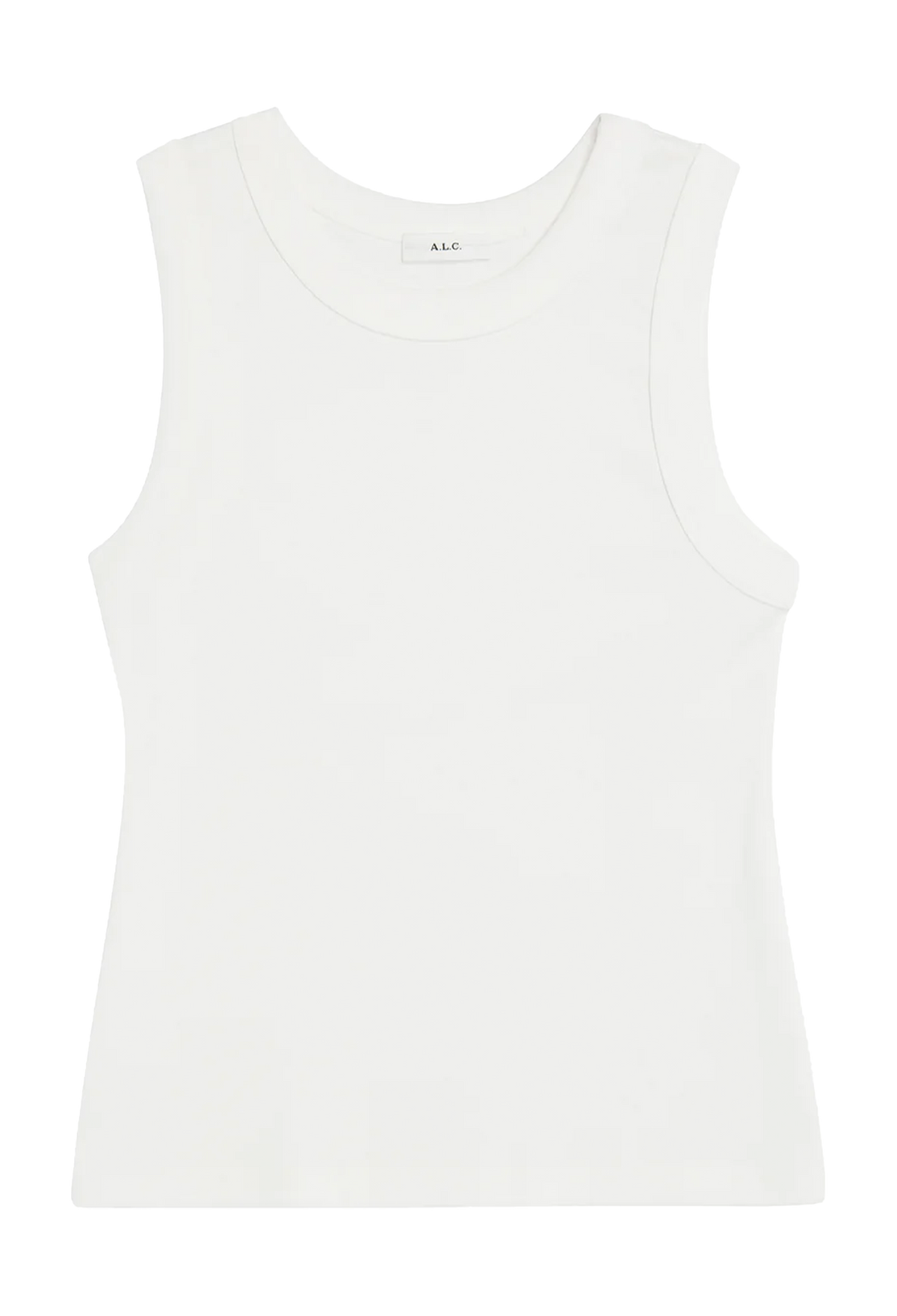 A sleeveless white tank top with a crew neck, shown flat against a plain white background. 