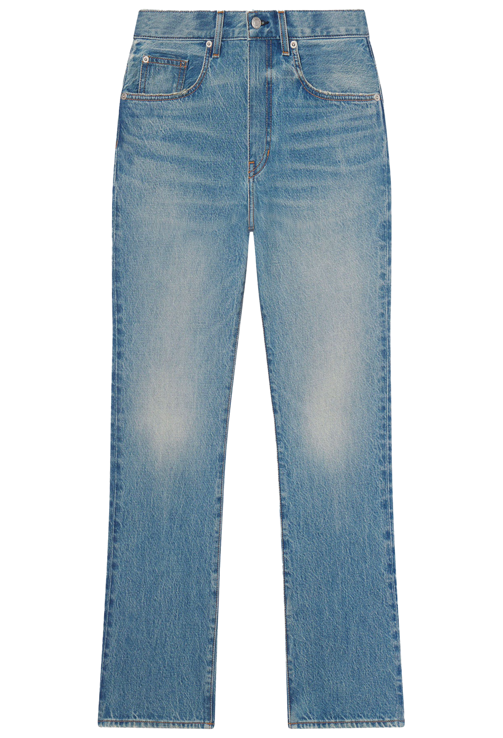 Light blue denim jeans with a faded wash and subtle distressing, shown flat against a solid white background.