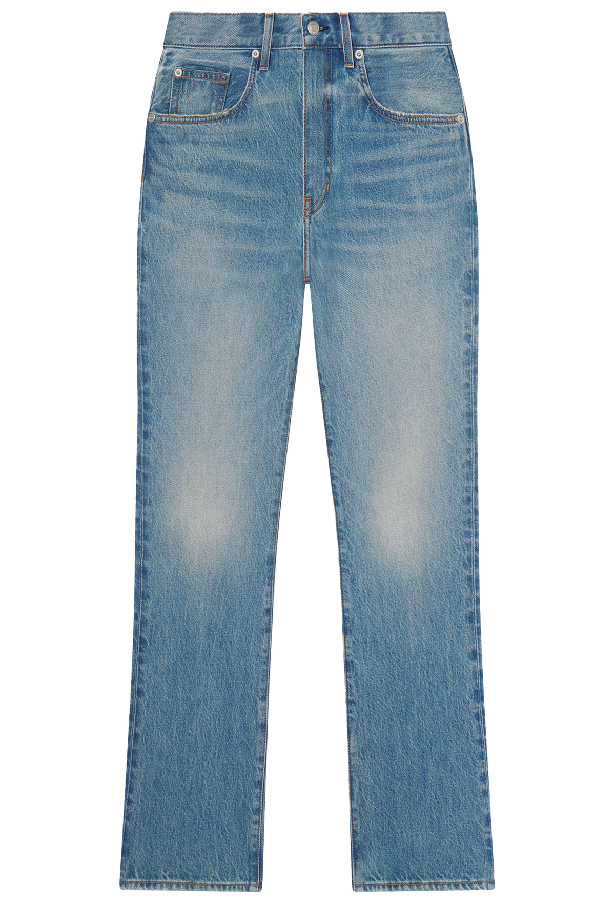 Light blue denim jeans with a faded wash and subtle distressing, shown flat against a solid white background.