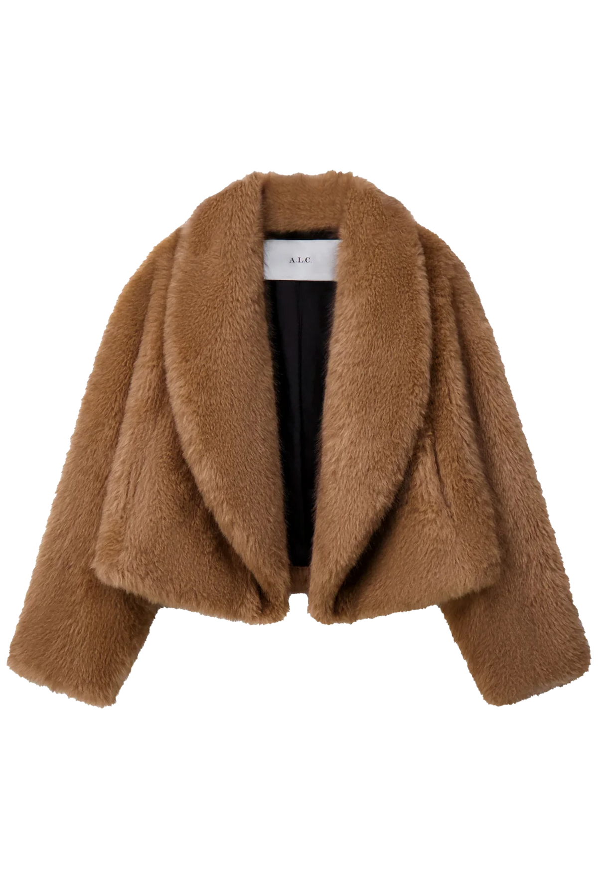 A cropped, open-front faux fur jacket in a warm camel brown color, featuring a wide collar and long sleeves, shown against a plain white background.