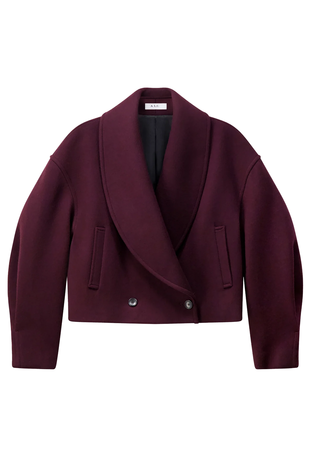 A cropped double-breasted wrap jacket in deep burgundy, featuring a shawl collar, two front flap pockets, and two silver buttons, shown against a plain white background.