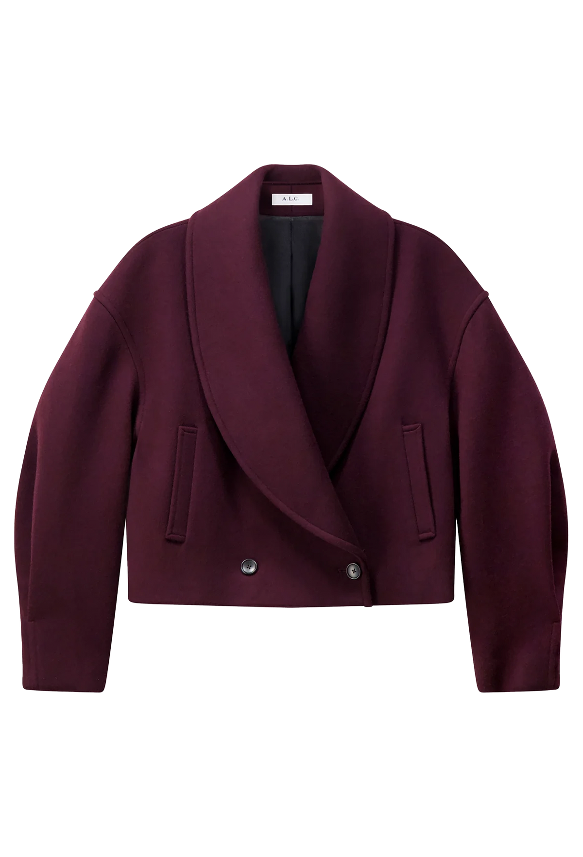 A cropped double-breasted wrap jacket in deep burgundy, featuring a shawl collar, two front flap pockets, and two silver buttons, shown against a plain white background.