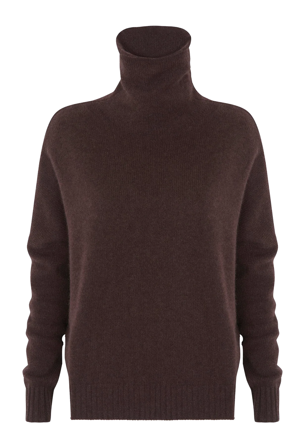 A dark brown ribbed knit turtleneck sweater displayed on a clean white background.