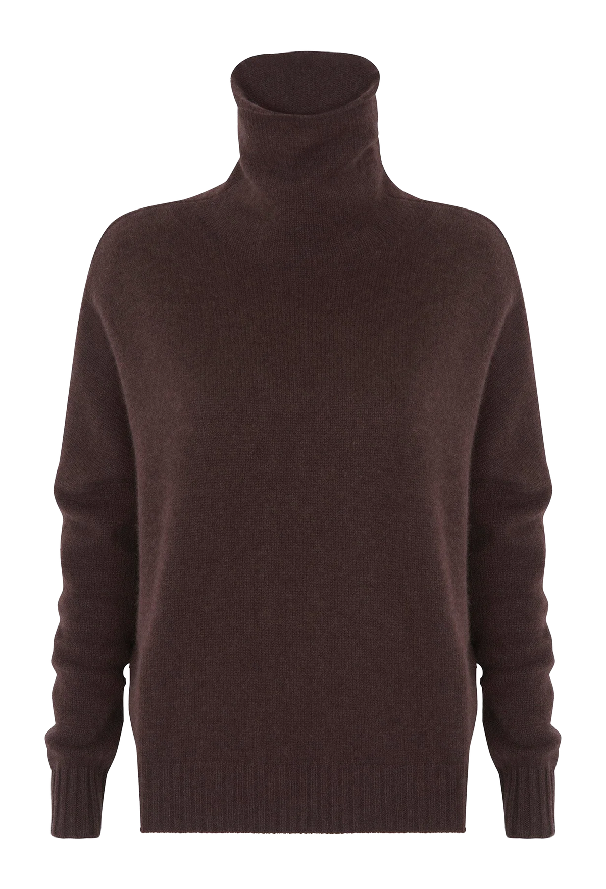 A dark brown ribbed knit turtleneck sweater displayed on a clean white background.