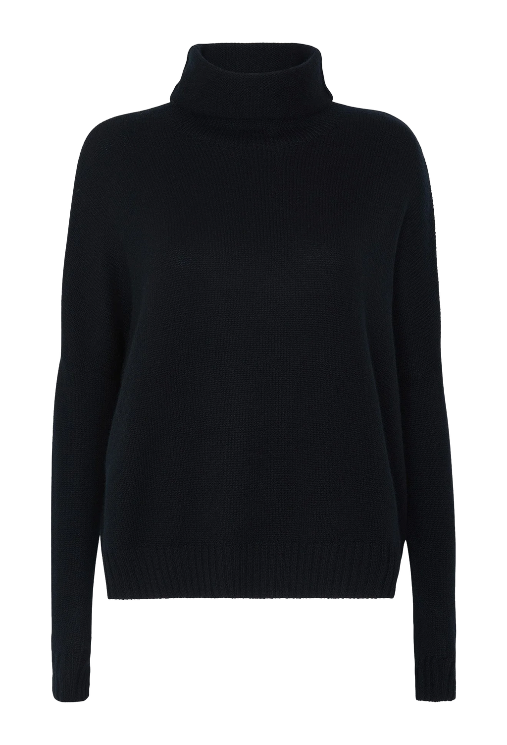 A black ribbed knit turtleneck sweater displayed on a clean white background.