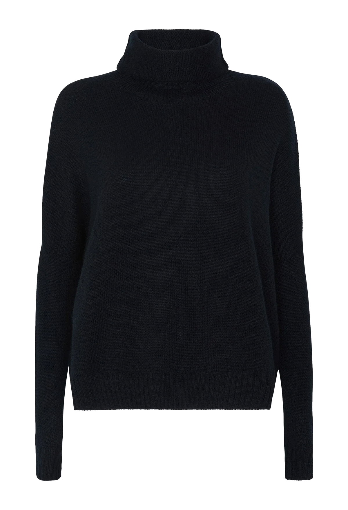 A black ribbed knit turtleneck sweater displayed on a clean white background.