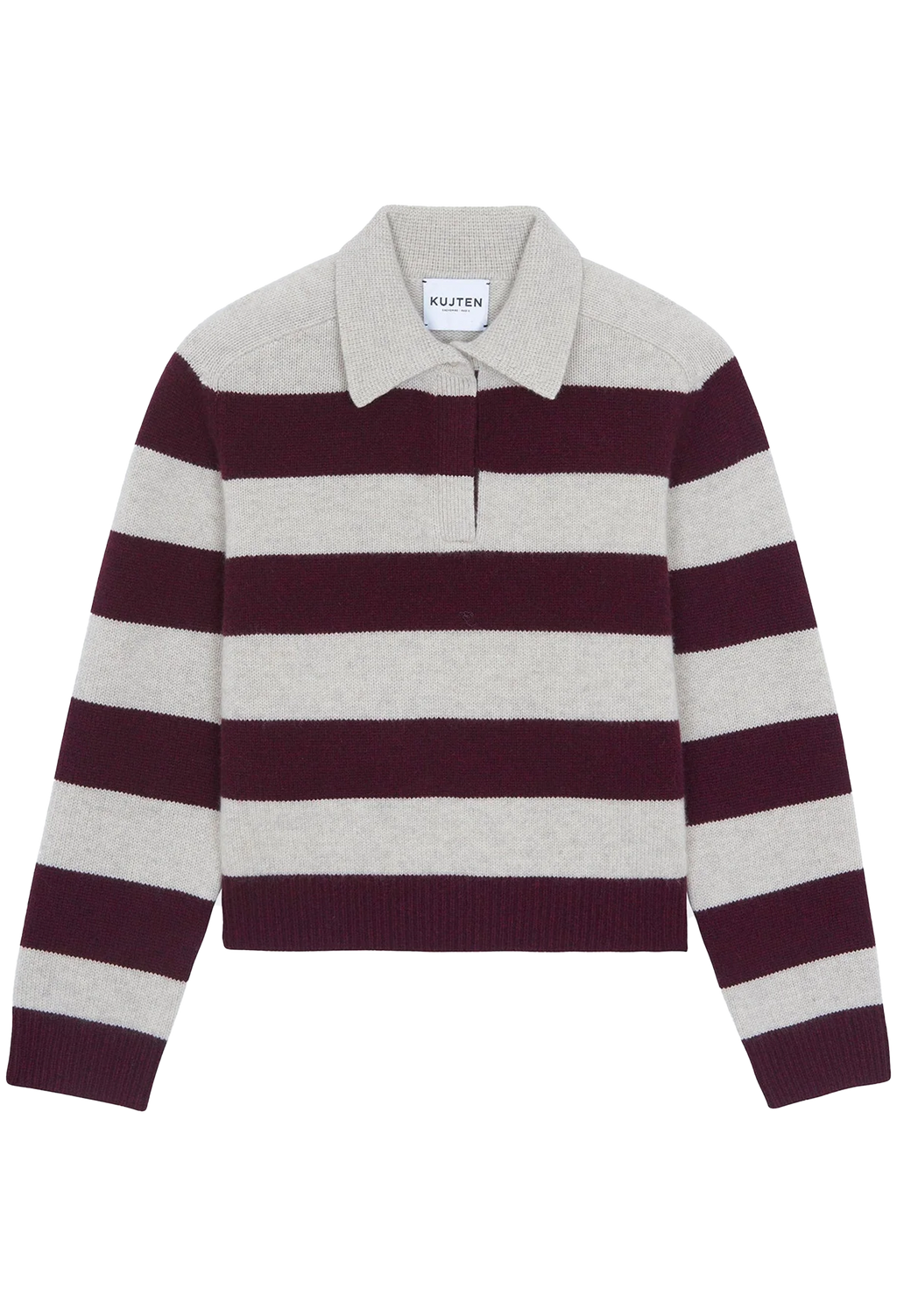 A striped knit polo sweater featuring horizontal stripes in dark burgundy and light gray