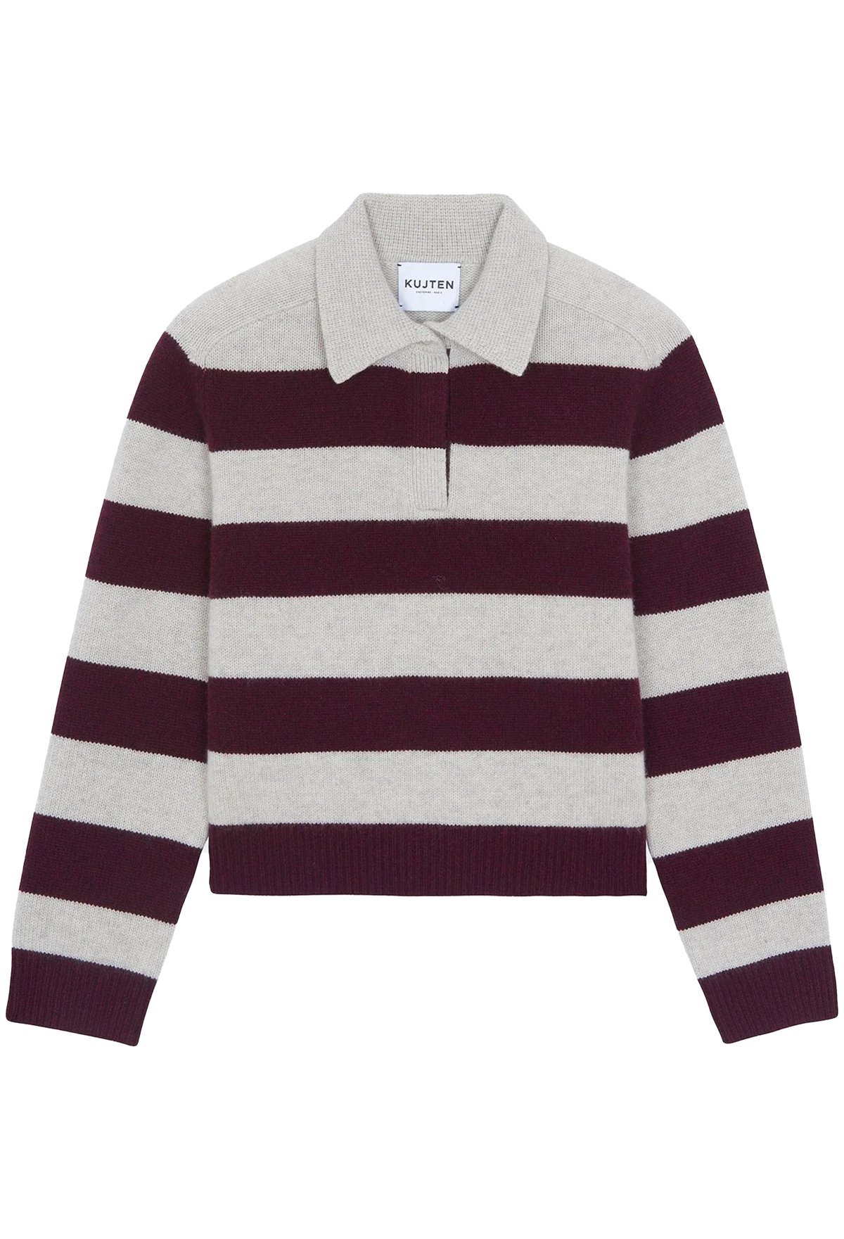 A striped knit polo sweater featuring horizontal stripes in dark burgundy and light gray
