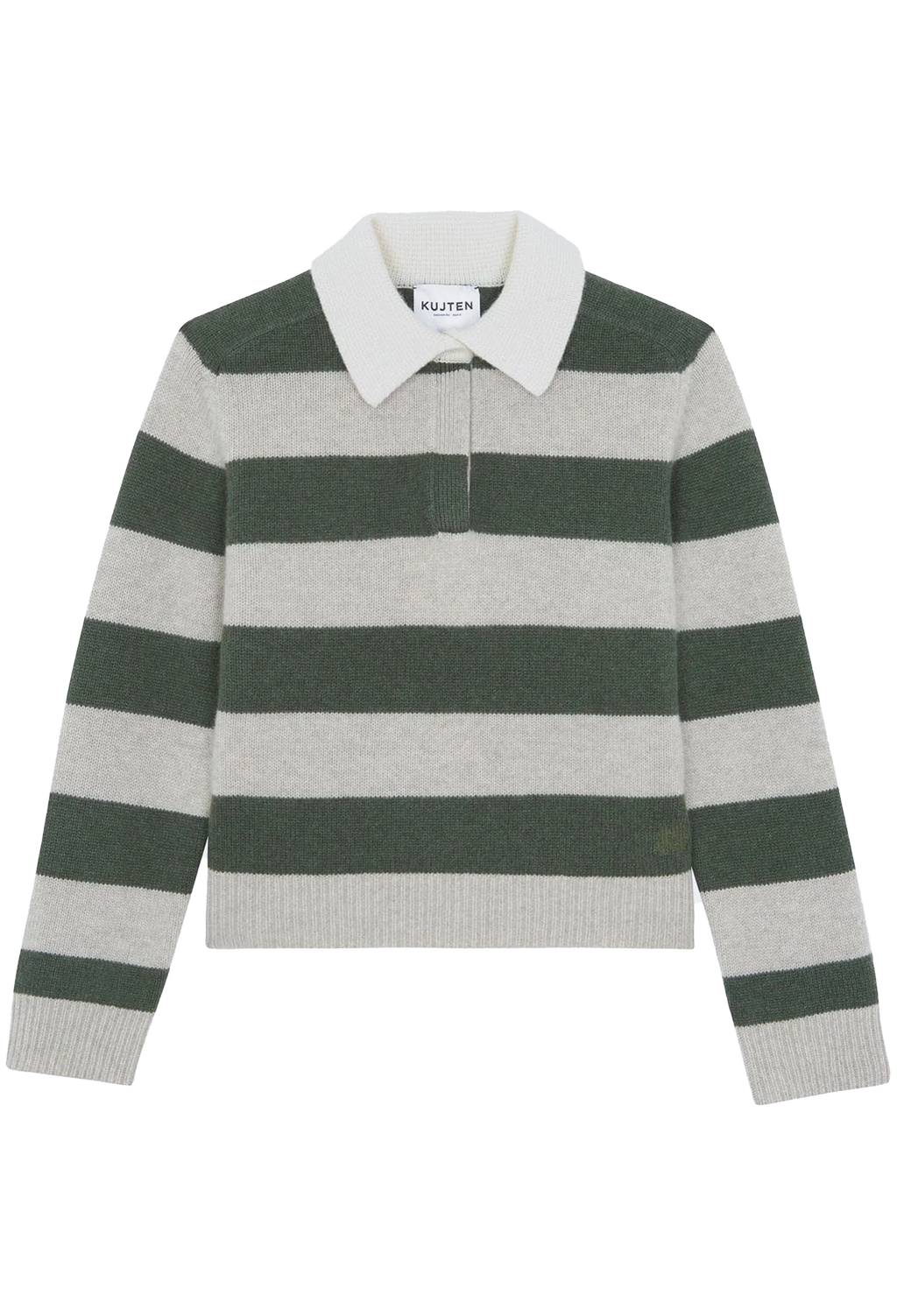 A striped knit polo sweater featuring horizontal stripes in dark forest green and light gray, with a contrasting solid white collar.