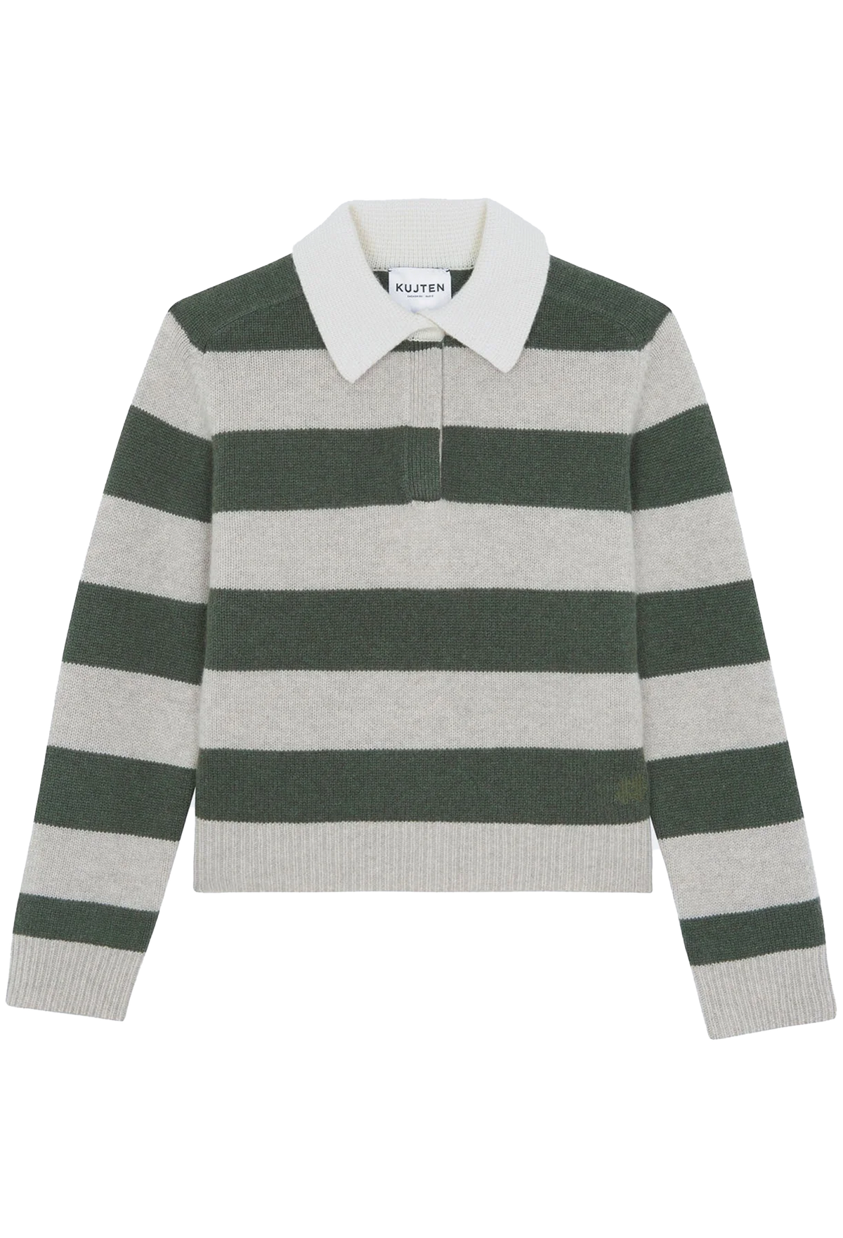 A striped knit polo sweater featuring horizontal stripes in dark forest green and light gray, with a contrasting solid white collar.
