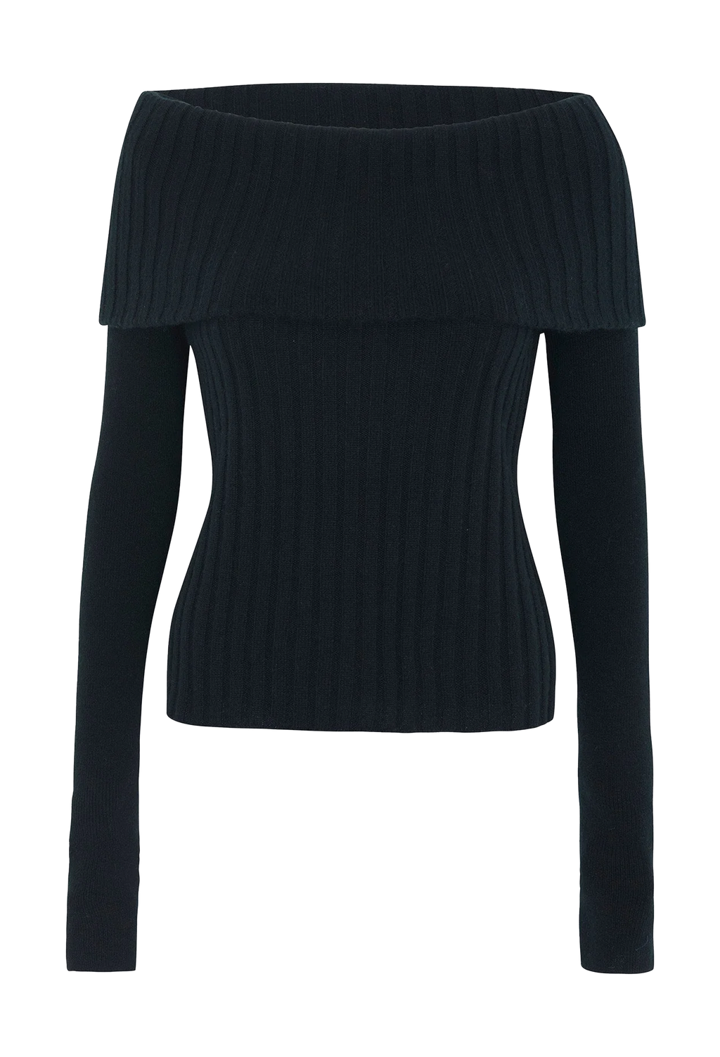 A black off-the-shoulder ribbed knit long-sleeve top, displayed on a clean white background.