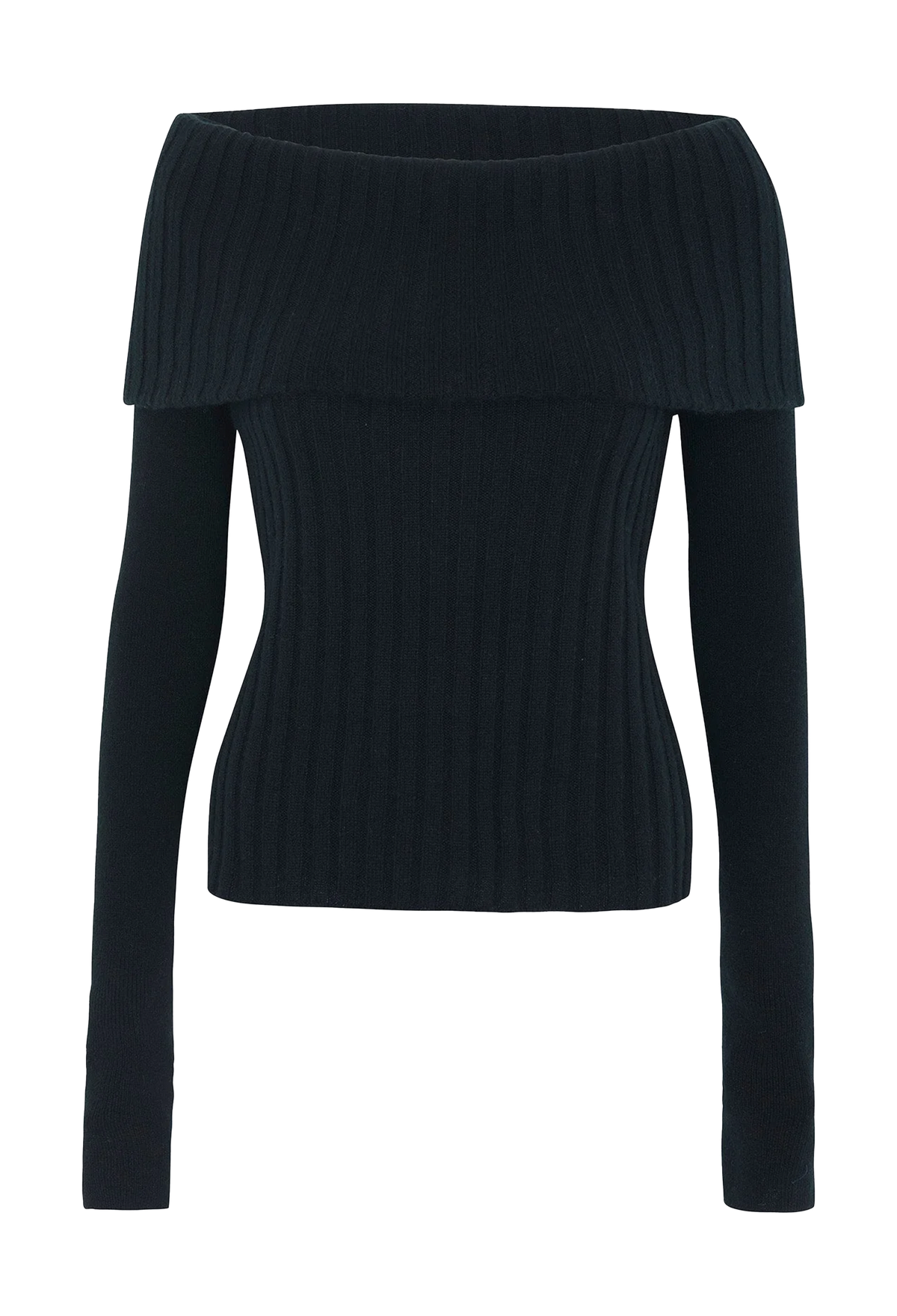 A black off-the-shoulder ribbed knit long-sleeve top, displayed on a clean white background.