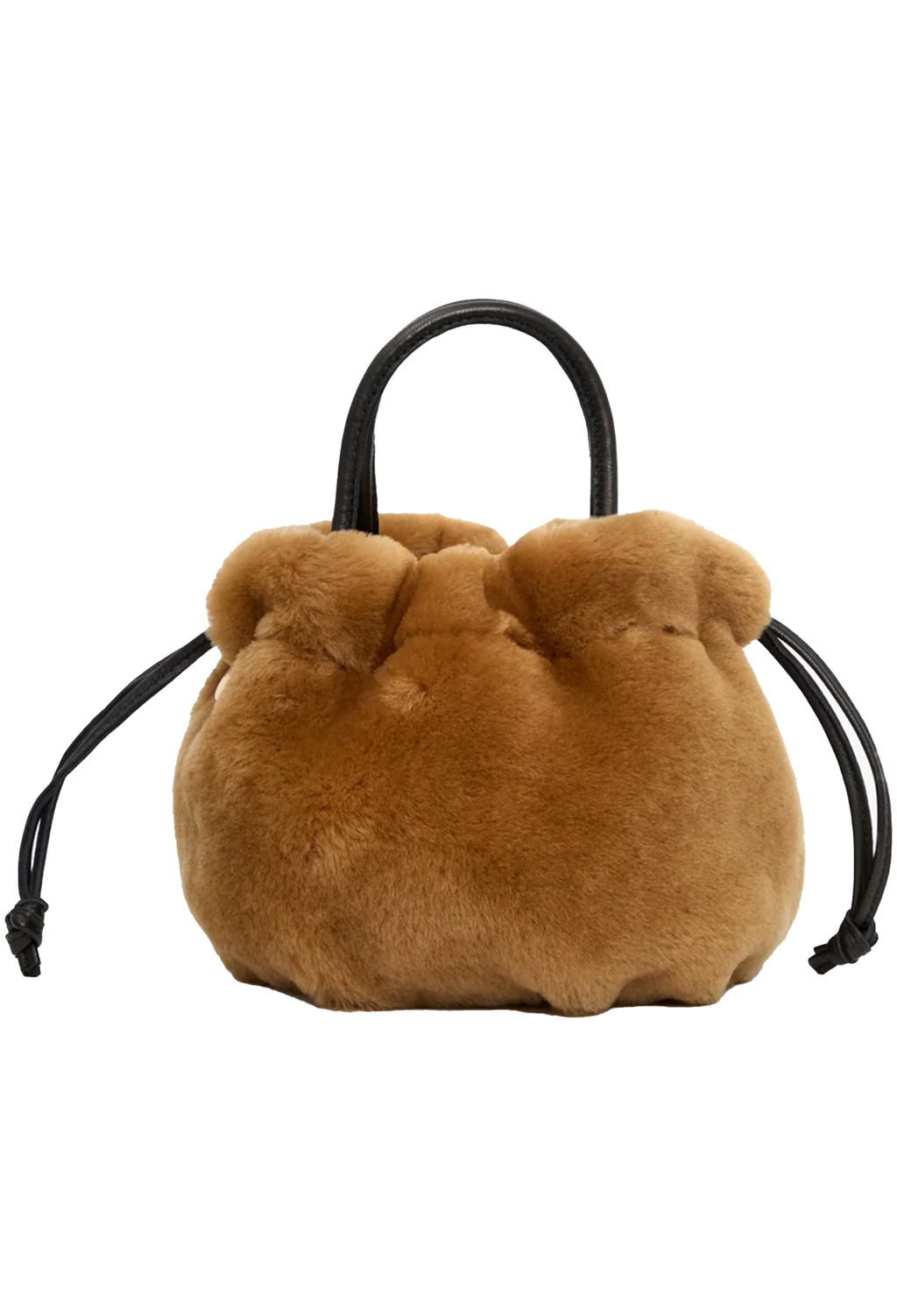 A small brown faux fur drawstring pouch bag with black leather handles and drawstrings, shown against a plain white background.