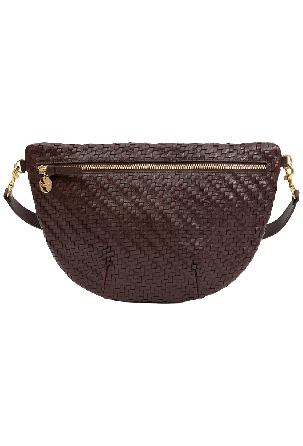 A dark brown woven leather crossbody bag with a gold zipper and gold hardware, shown against a plain white background.