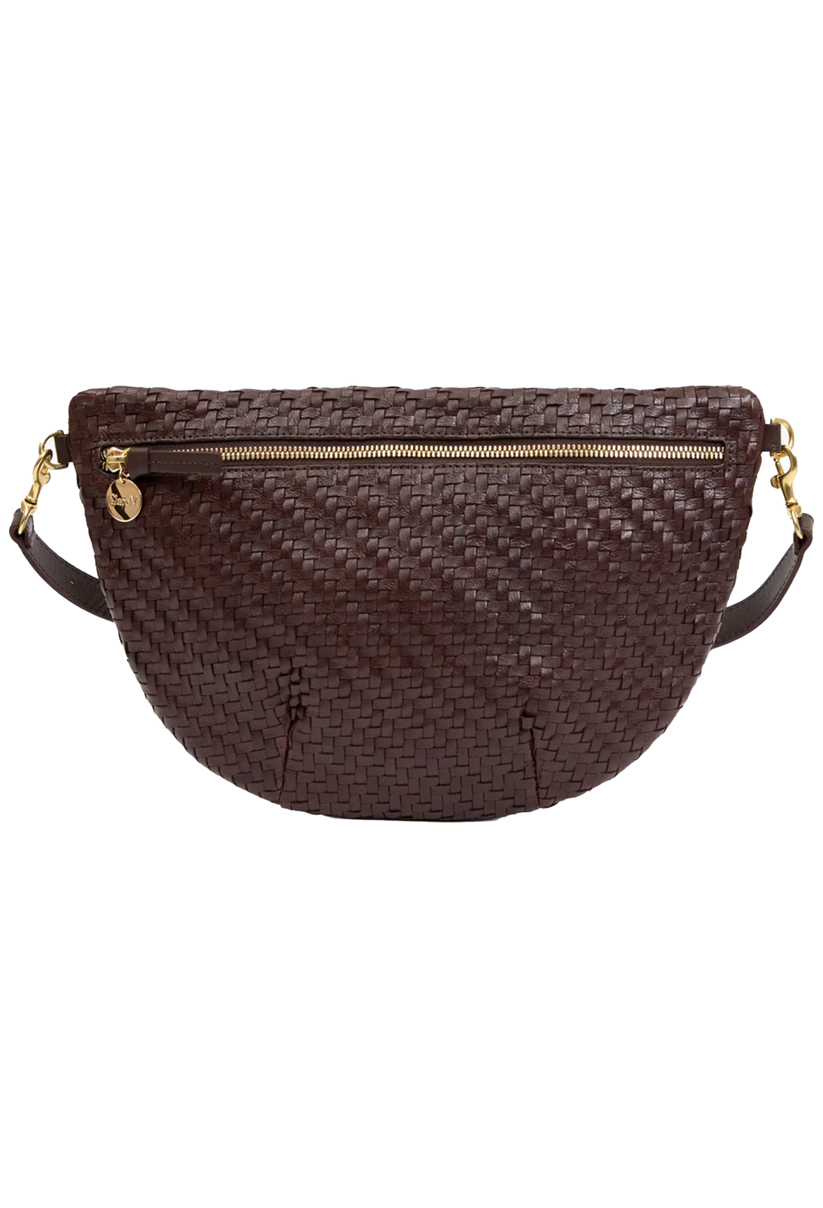 A dark brown woven leather crossbody bag with a gold zipper and gold hardware, shown against a plain white background.