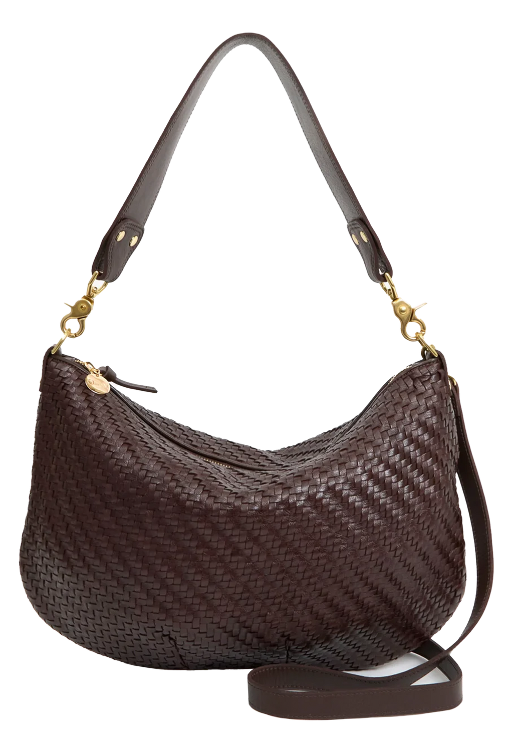 A dark brown woven leather hobo shoulder bag with a single shoulder strap and a detachable crossbody strap, featuring gold-tone hardware, shown against a plain white background.
