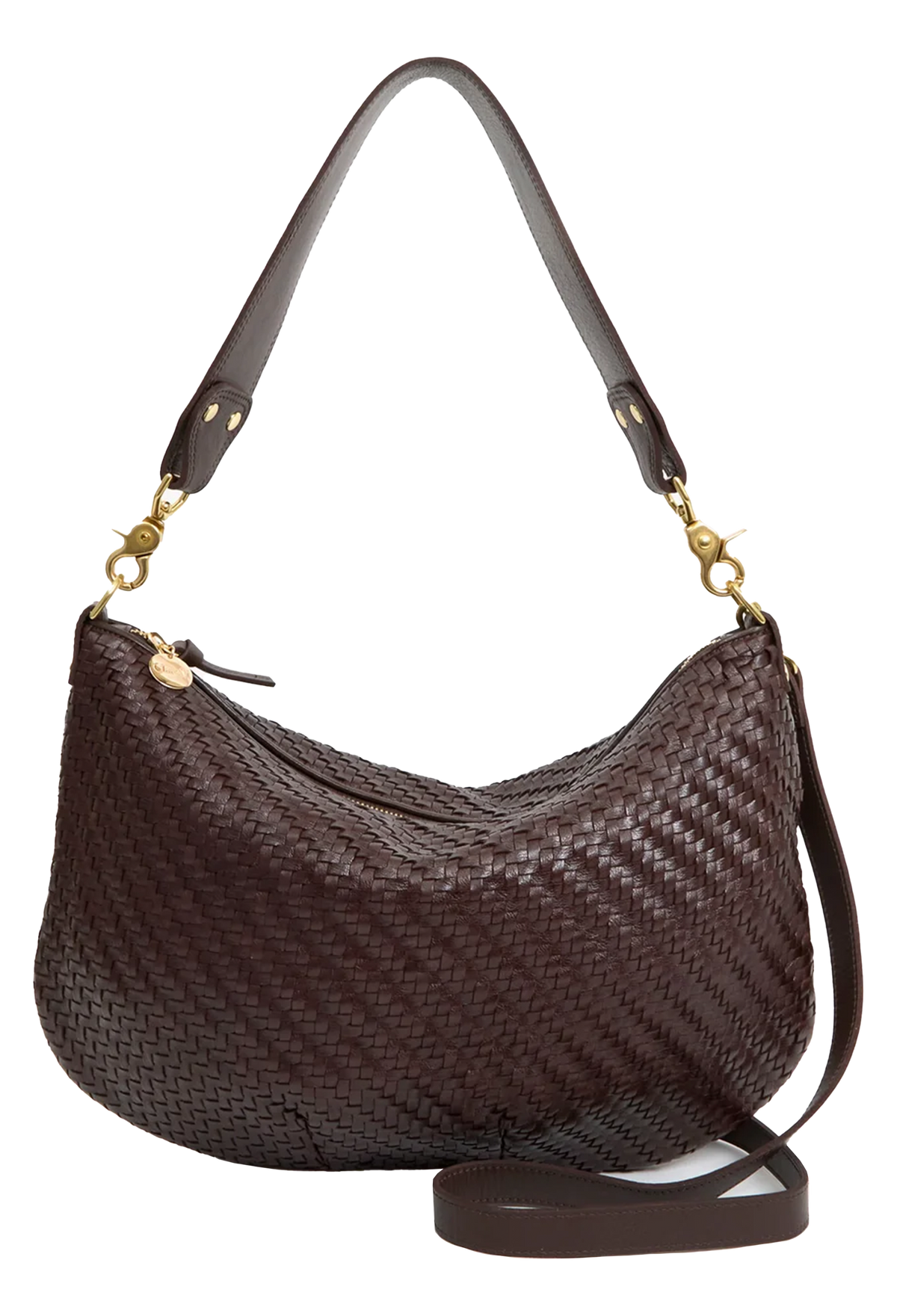 A dark brown woven leather hobo shoulder bag with a single shoulder strap and a detachable crossbody strap, featuring gold-tone hardware, shown against a plain white background.