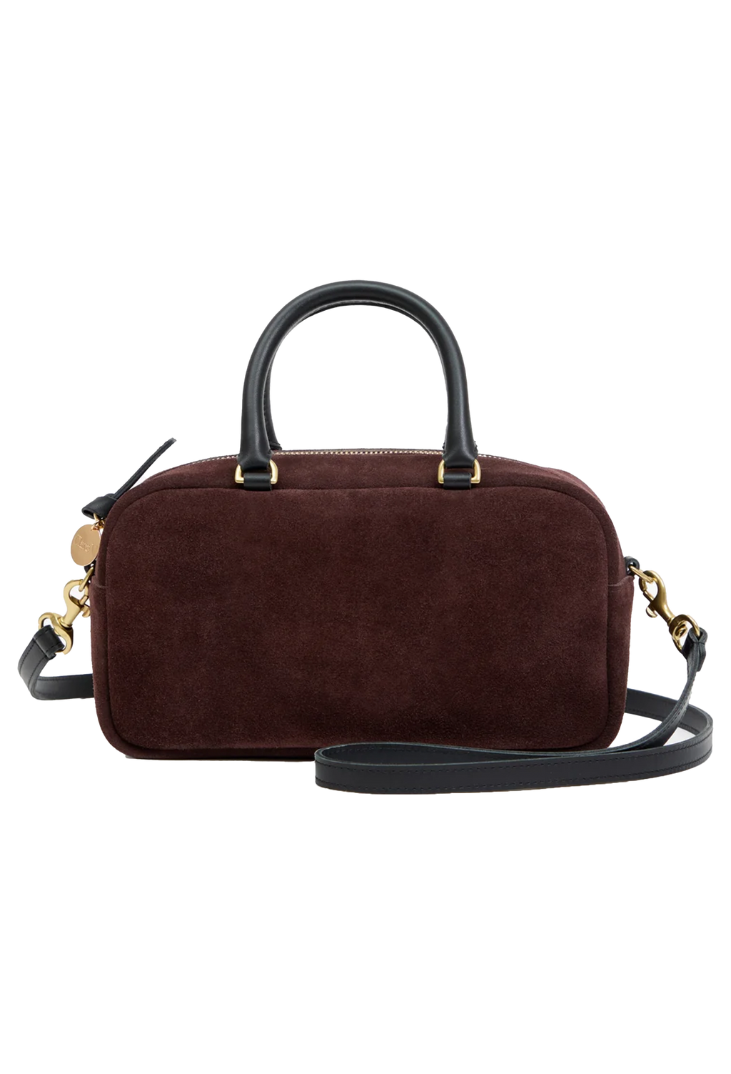 A dark brown suede handbag with black leather handles and a matching shoulder strap, accented by gold-tone hardware, shown against a plain white background.