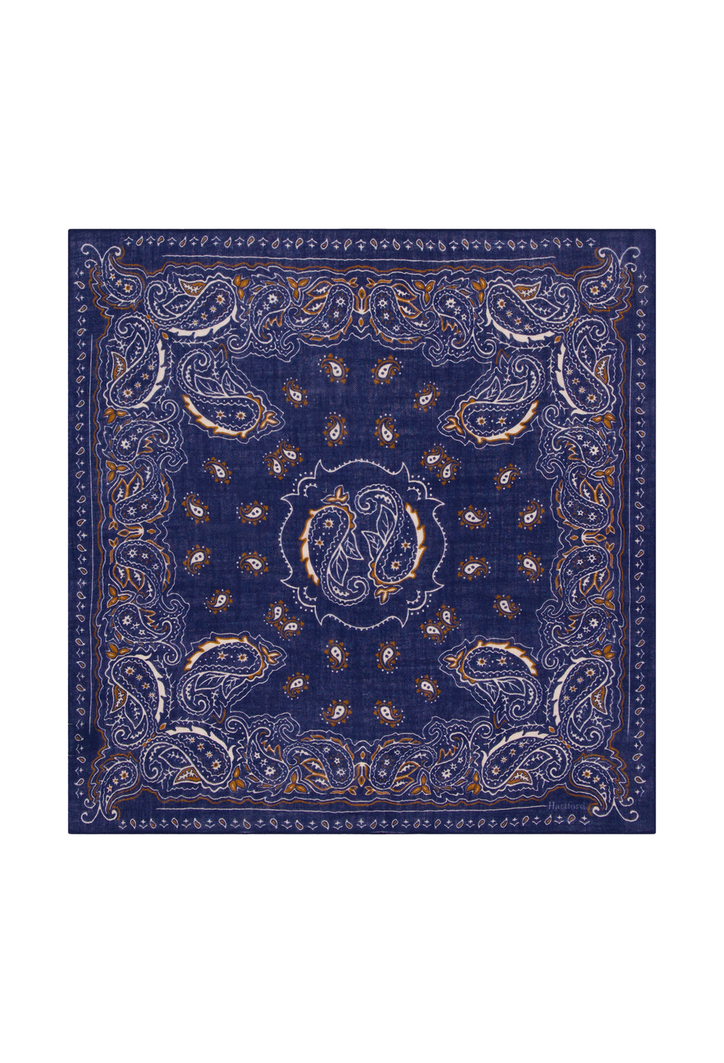 A square navy blue bandana featuring an intricate paisley pattern in white and gold, displayed flat against a solid white background.