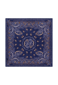 A square navy blue bandana featuring an intricate paisley pattern in white and gold, displayed flat against a solid white background.